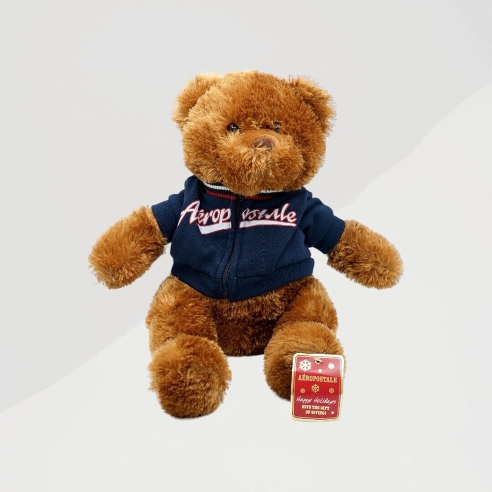 NWT Aeropostale Brown Plush Teddy Bear Stuffed Animal With Blue Jacket‎ 14"